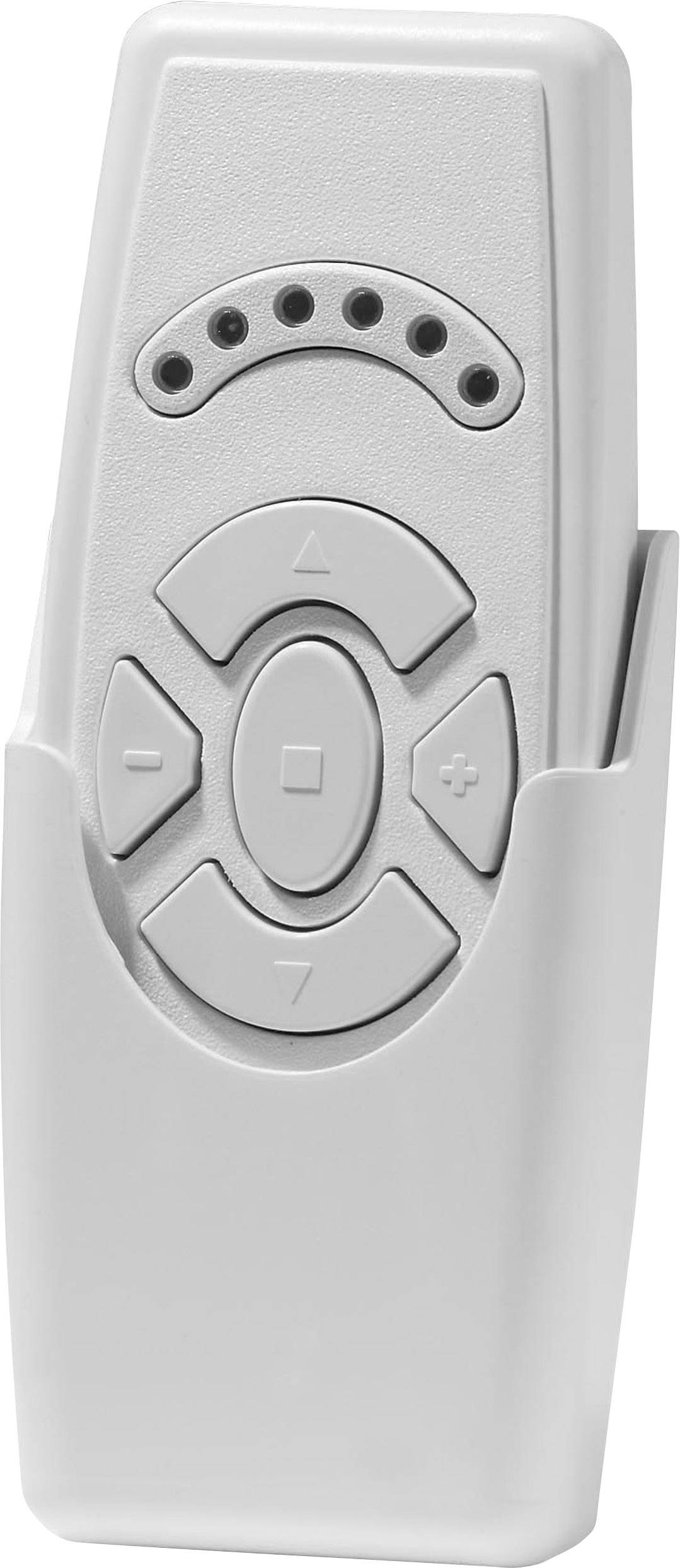 Télécommande avec plusieurs touches et symboles, dans un support blanc.