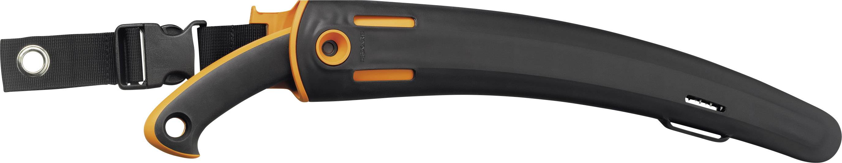 Un couteau noir dans un étui orange avec clip de ceinture, orienté horizontalement, montre le design et les possibilités de fixation.