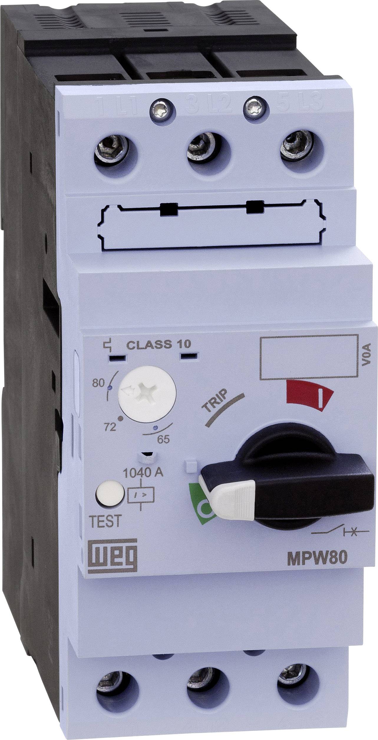 Disjoncteur de protection moteur WEG MPW80 avec interrupteur de test et de réinitialisation, réglage de classe 10. Boîtier noir, bornes de connexion multiples.