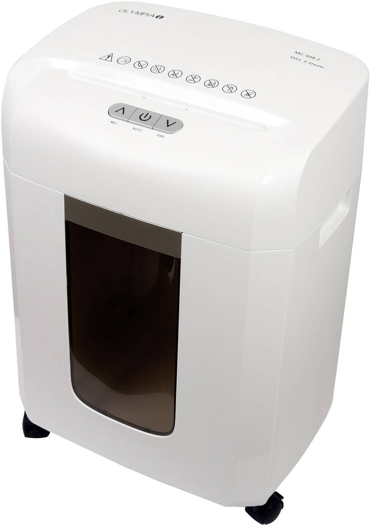 Destructeur de documents blanc sur roues avec bac à déchets visible et clavier de commande.
