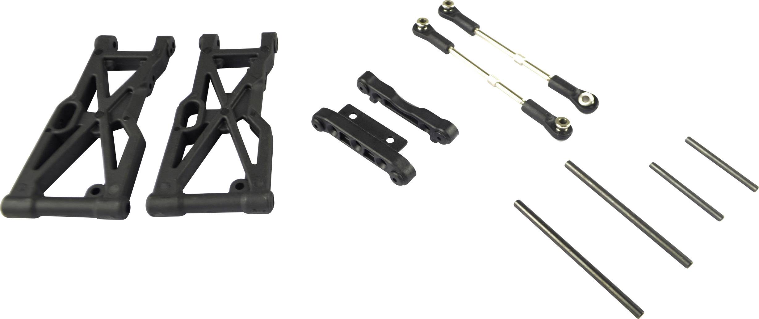 Un ensemble de pièces détachées pour un véhicule télécommandé, composé de deux bras de suspension, de deux bielles de liaison et de plusieurs goupilles métalliques.