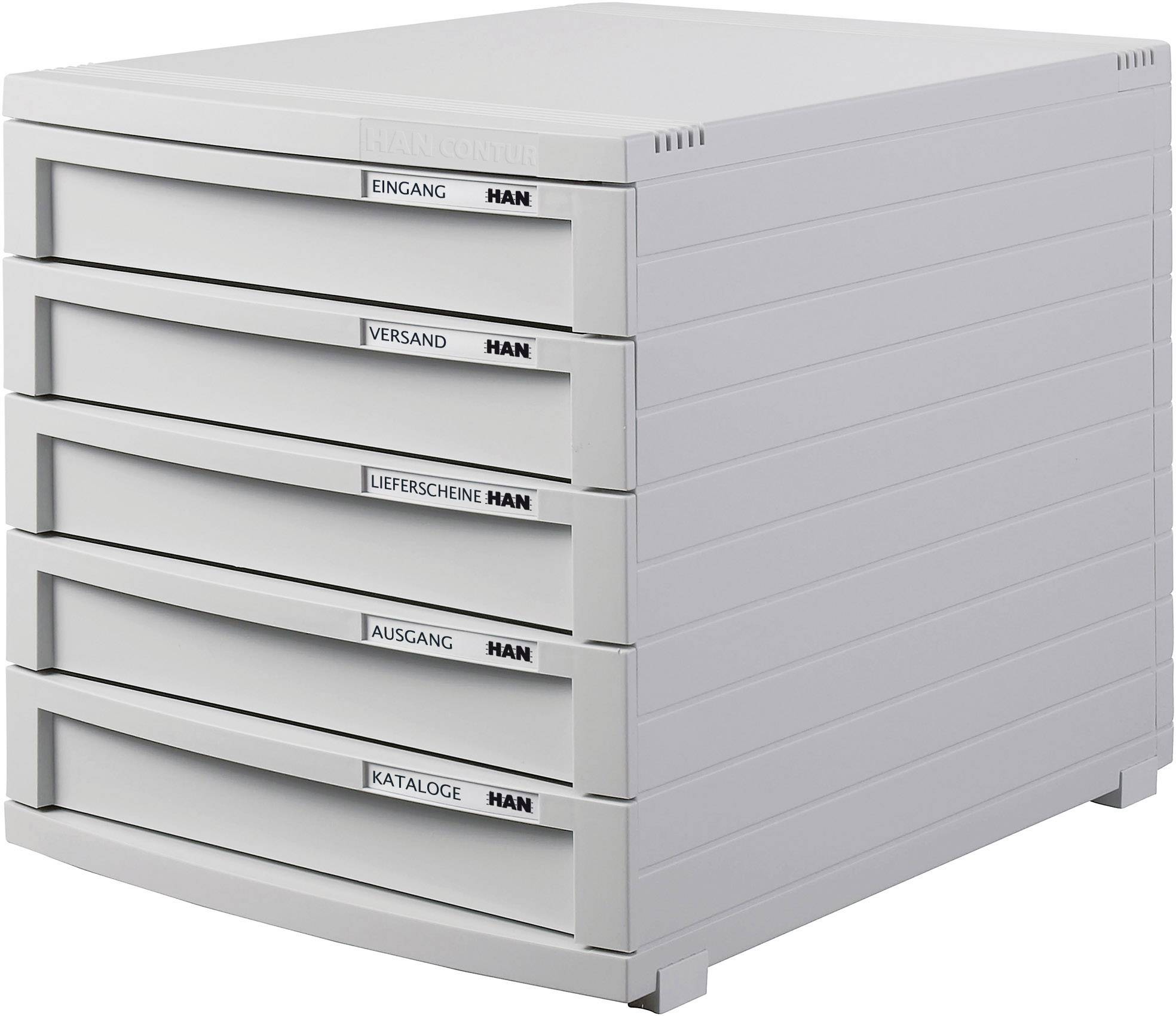 Un classeur gris de bureau avec cinq tiroirs étiquetés 'Entrée', 'Expédition', 'Bons de livraison', 'Sortie' et 'Catalogues'.