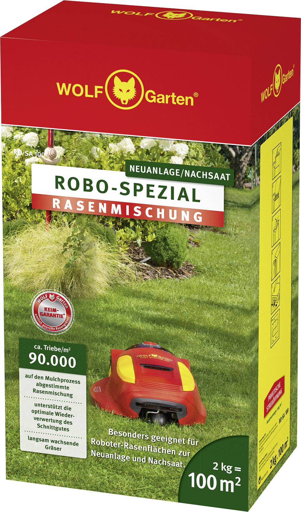 Emballage de Wolf Garten Robo-Spécial Mélange de Gazon. Adapté aux surfaces de pelouse pour robots tondeuses. Contenu : 2 kg pour 100 m².