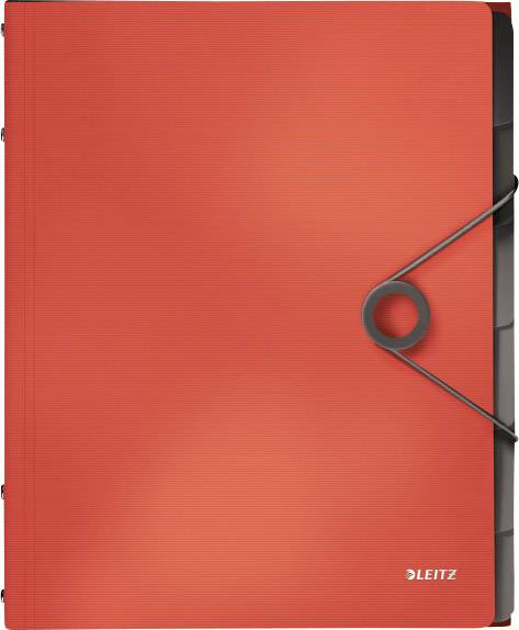 Pochette de documents rouge avec fermeture élastique, marque 'Leitz'. Idéale pour organiser les documents au bureau ou à la maison.