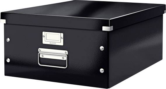 Une boîte d'archives noire avec des ferrures métalliques et un porte-étiquette sur la face avant, adaptée au rangement de documents.