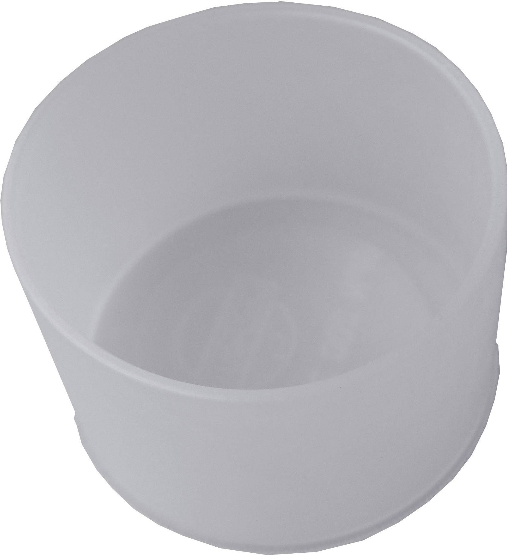 Un couvercle cylindrique en plastique transparent gris, vu de dessus.