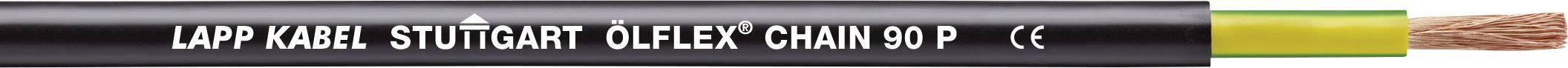 Câble noir portant l'inscription 'Lapp Kabel Stuttgart ÖLFLEX® CHAIN 90 P', à côté de fils isolés en vert, jaune et cuivre.