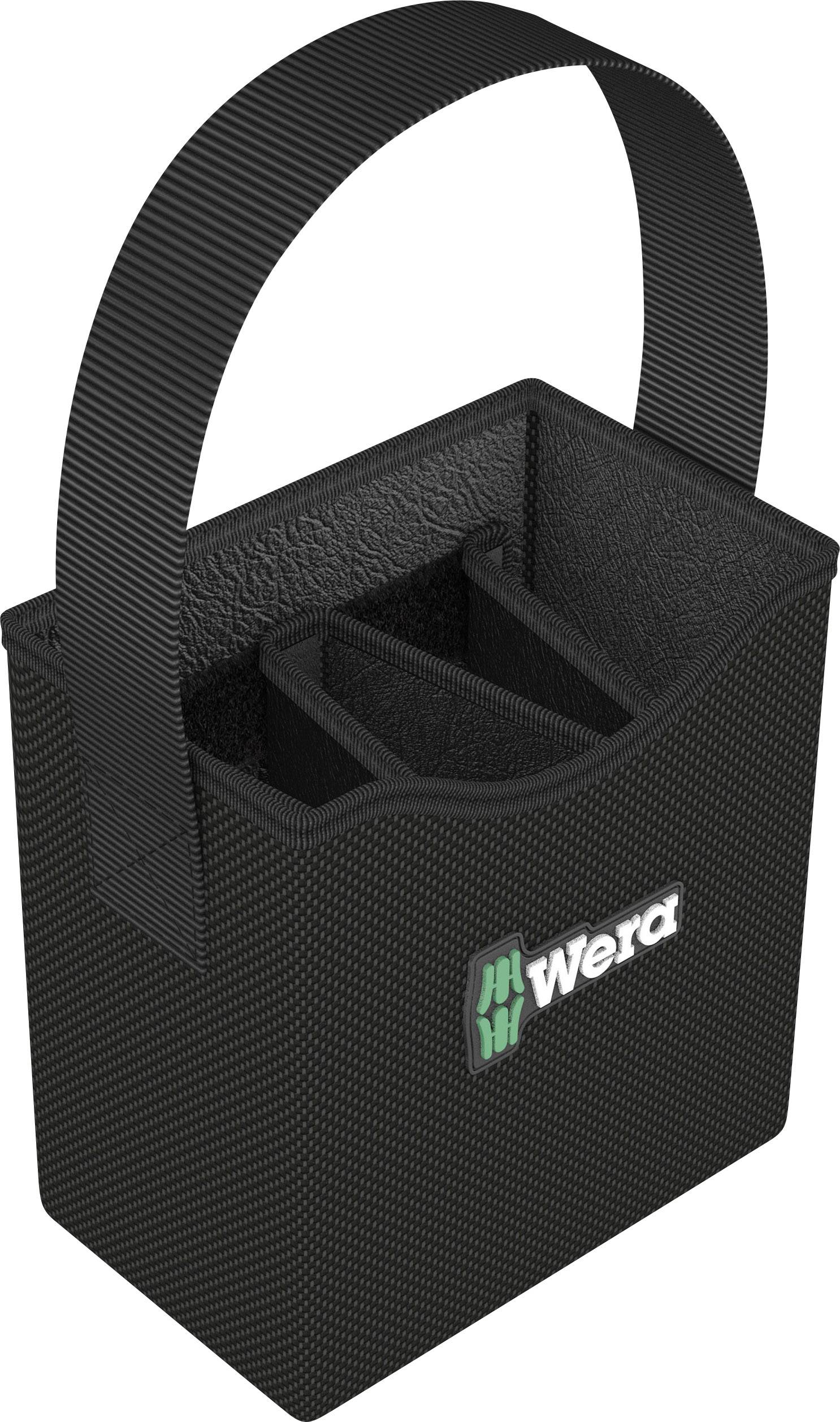 Sac à outils noir avec poignée et le logo 'Wera'. À l'intérieur, trois compartiments pour ranger les outils. Adapté pour le transport.