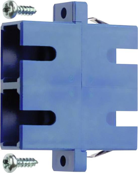 Boîtier de raccordement en plastique bleu avec ouvertures rectangulaires et deux vis fournies, adapté aux connexions électriques.