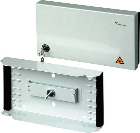 Boîtier métallique avec serrure sécurisée, adapté au stockage de composants électriques. Forme rectangulaire avec symbole d'avertissement sur la porte.