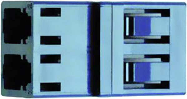 Double port USB dans un boîtier bleu, montrant deux ports verticaux, adapté aux connexions matérielles pour les appareils électroniques.