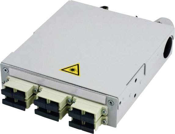 Un boîtier métallique rectangulaire avec un symbole d'avertissement jaune pour rayonnement laser et plusieurs connexions à fibre optique sur la façade.