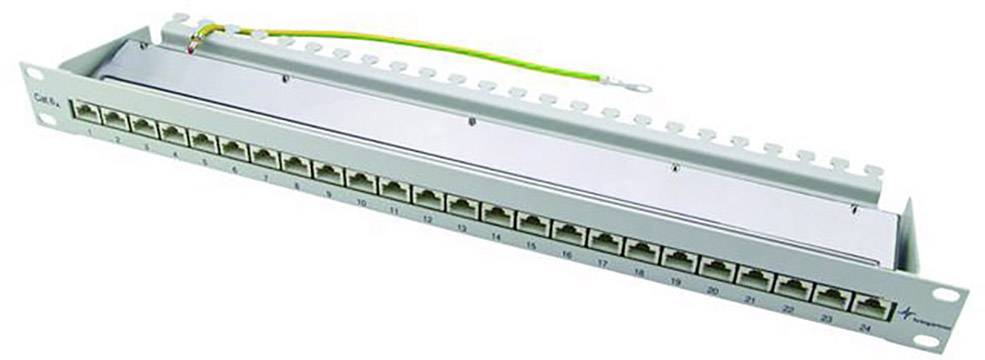 Panneau de brassage avec 24 ports Ethernet pour connexions réseau. Ports numérotés et câble de mise à la terre. Fabriqué en métal.