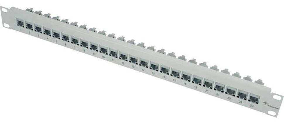 Un panneau de brassage réseau avec 24 ports RJ45, numérotés de 1 à 24. Il est utilisé pour l'organisation et la gestion des connexions de câbles.