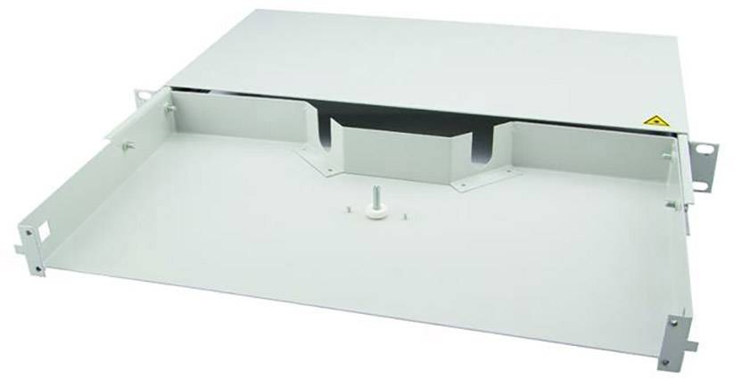 Un armoire métallique blanche vide avec un tiroir coulissant, adapté pour l'organisation des câbles réseau.
