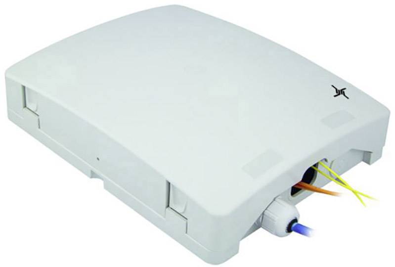 Boîte de raccordement blanche avec plusieurs connexions de câbles, reliant des fibres et des fils. Utilisée pour l'organisation et la séparation des câbles.