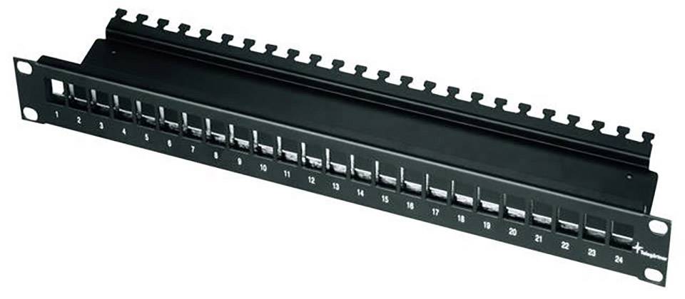 Panneau de brassage à 24 ports pour câblage réseau, ports numérotés de 1 à 24, adapté au montage en rack serveur.