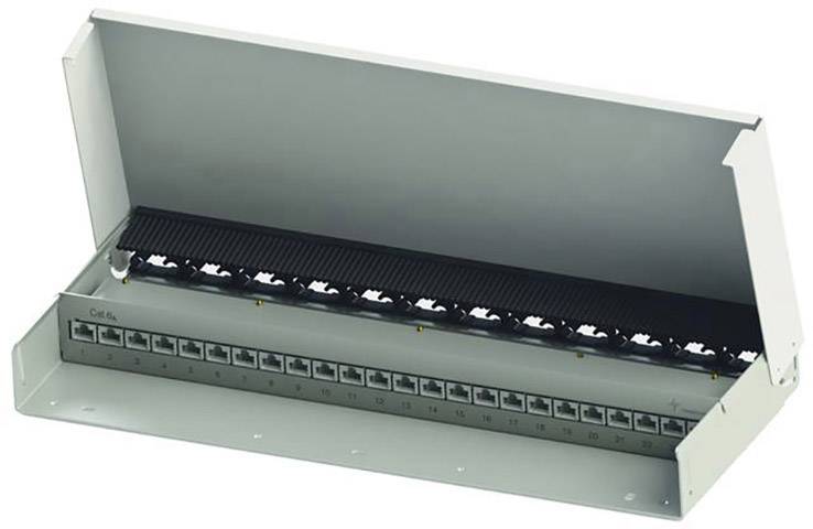 Répartiteur réseau métallique avec couvercle rabattable, présentant 12 ports RJ45 pour l'organisation des câbles réseau.