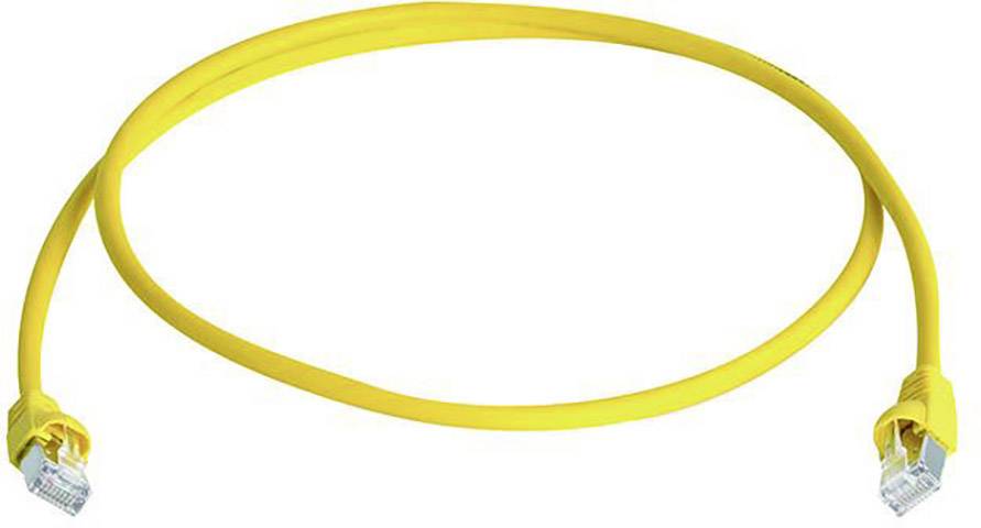 Câble réseau jaune avec deux connecteurs RJ-45 montrant les possibilités de connexion pour les réseaux informatiques et internet.