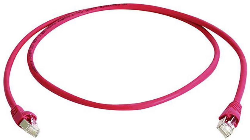 Câble Ethernet rouge avec connecteurs RJ45 aux deux extrémités, utilisé pour la connexion réseau.