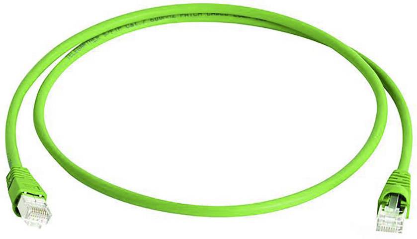 Un câble Ethernet vert avec deux connecteurs RJ45 à ses extrémités, caractérisé par sa conception flexible et élancée.