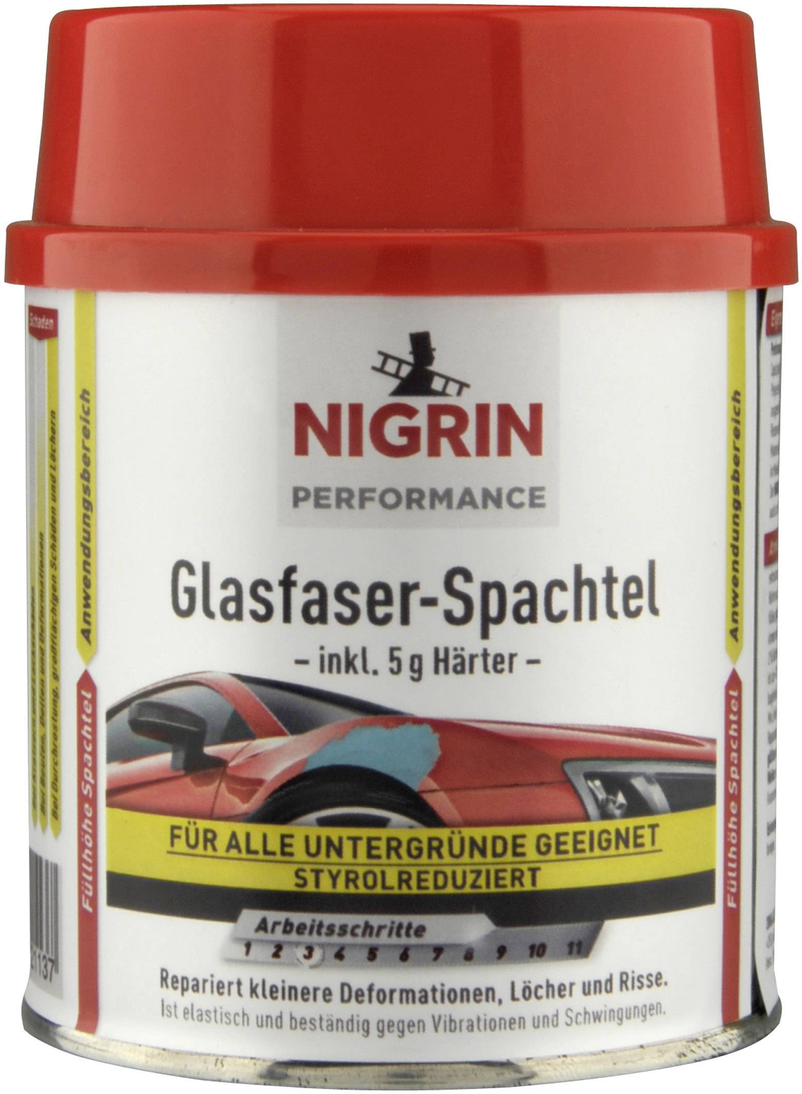 Mastic de fibre de verre de la marque Nigrin dans un récipient blanc et rouge. Convient à la réparation de petites déformations et de trous dans les véhicules automobiles.