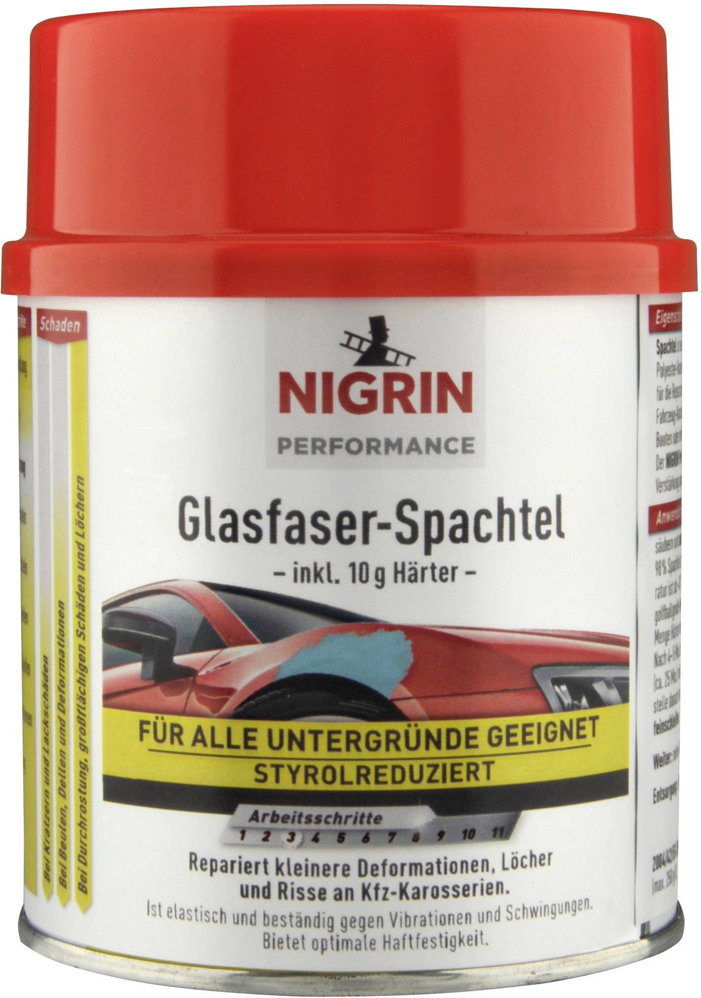Un pot de mastic de fibres de verre Nigrin, adapté à tous les supports, à faible teneur en styrène, avec 10g de durcisseur, pour la réparation des dommages de carrosserie.