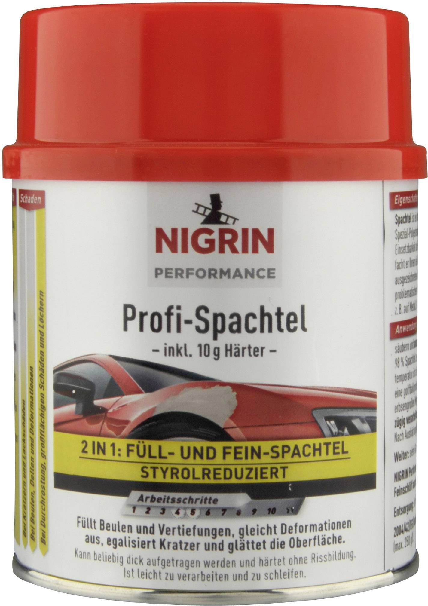 Boîte rouge de 'Nigrin Profi-Enduit', montre une voiture sur l'étiquette. Contient un enduit de remplissage et de finition, à faible teneur en styrène, avec durcisseur inclus.
