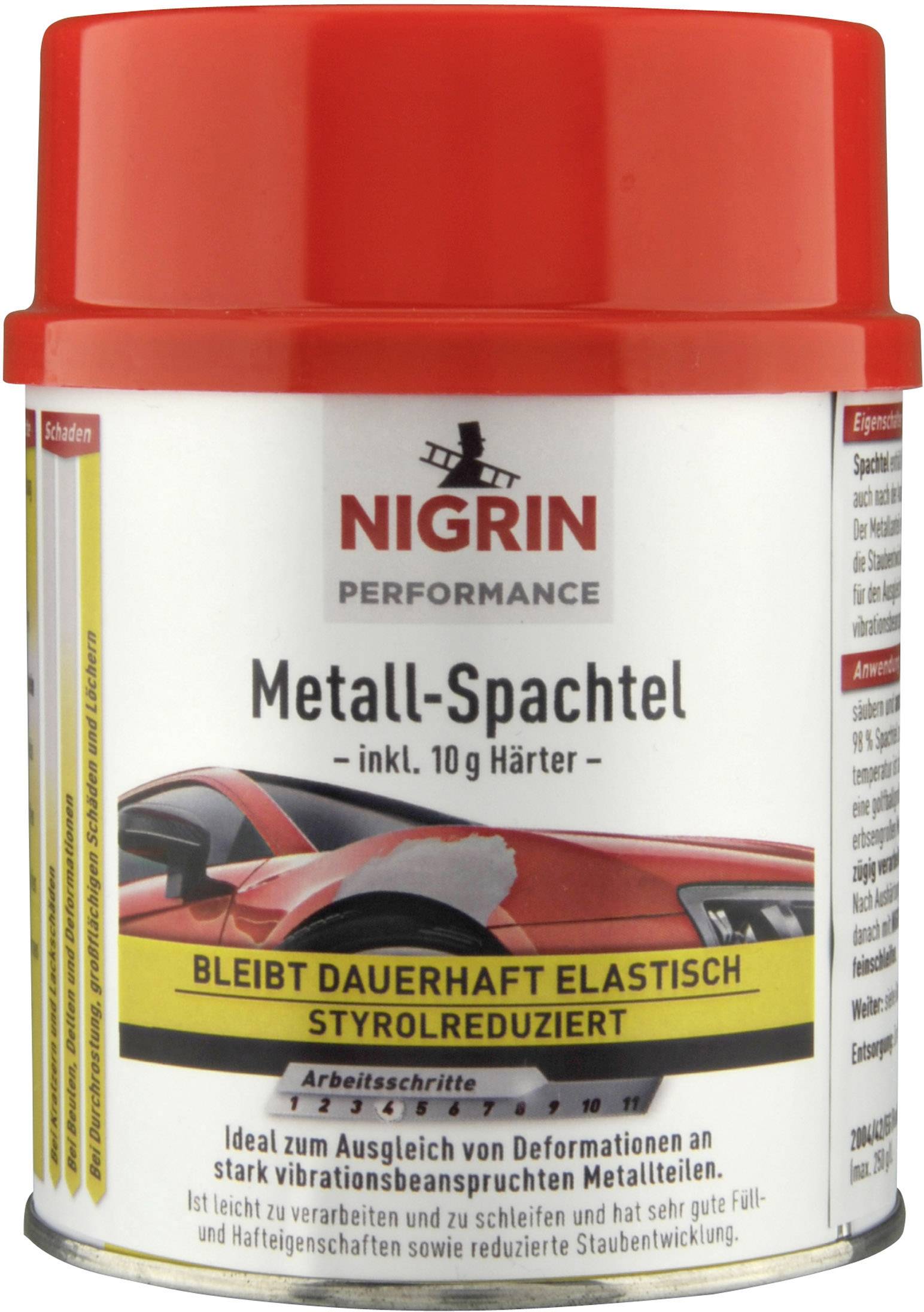 Boîte à couvercle rouge, étiquetée 'Nigrin Mastic Métal'. Contient un mastic élastomère, adapté pour les réparations métalliques.