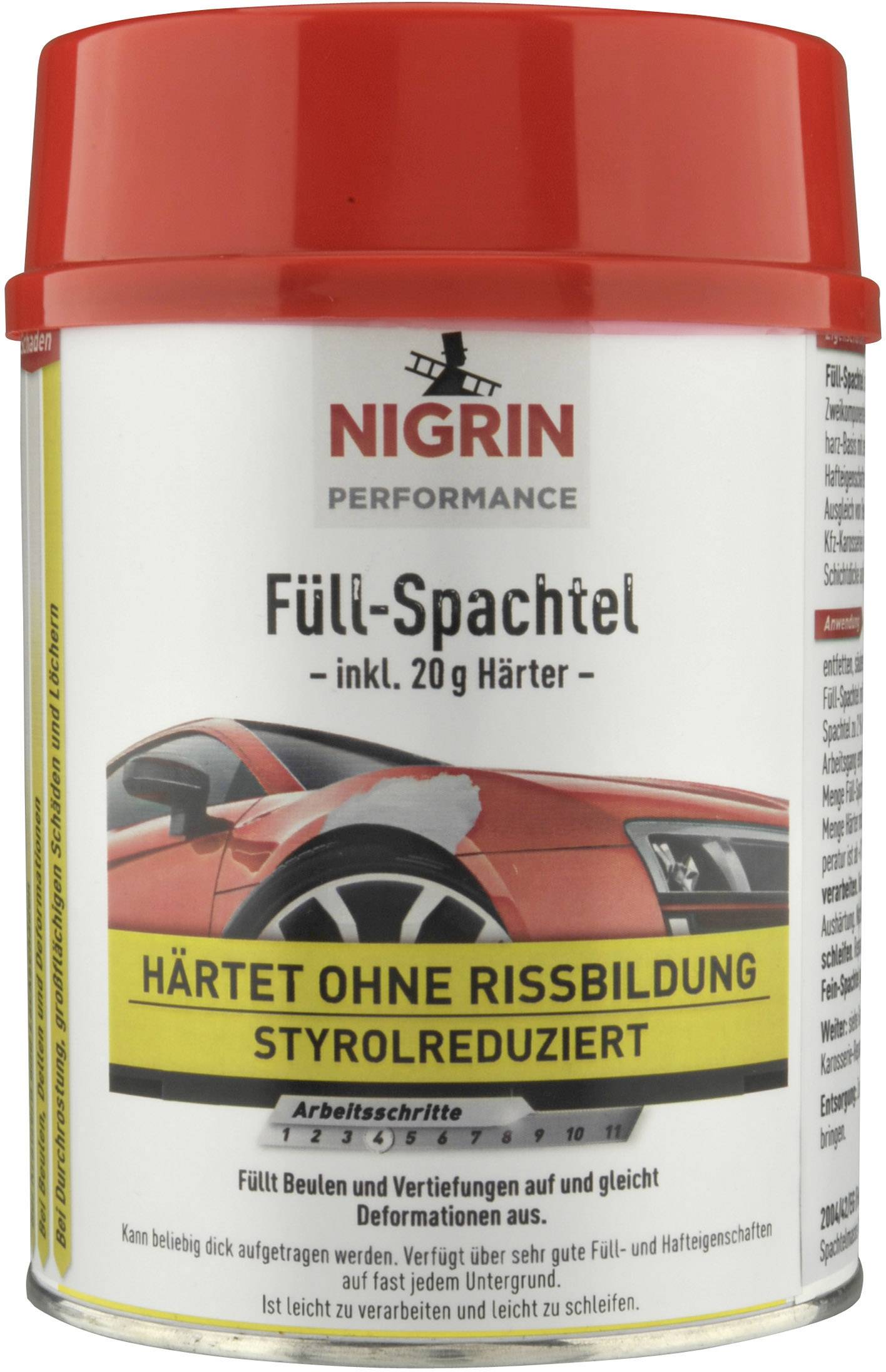 Boîte de 'Nigrin Füll-Spachtel' avec couvercle rouge, illustration d'une voiture. Texte : 'Durcit sans formation de fissures', 'Réduction du styrène'.