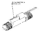 Illustration d'un capteur de direction de flux installé dans une conduite, indiquant la direction de l'écoulement de l'eau.