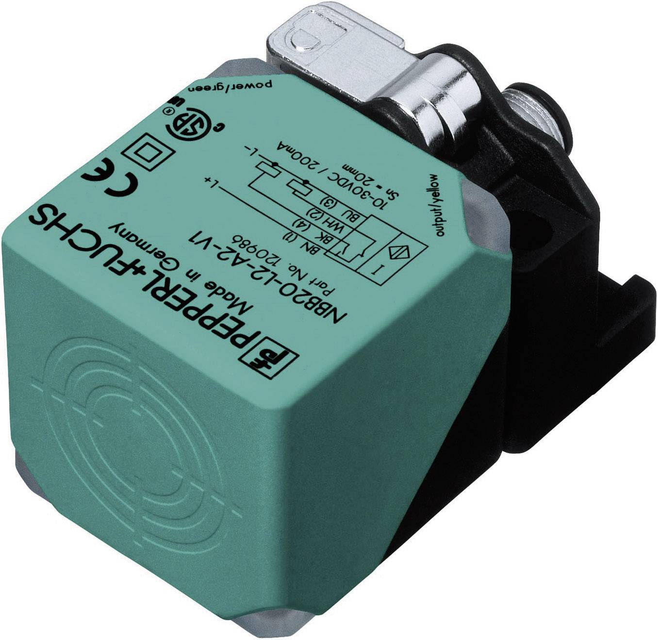 Un capteur de proximité inductif de Pepperl+Fuchs, modèle NBB20-L2-A2-V1, vert, carré, détecte sans contact des objets métalliques.