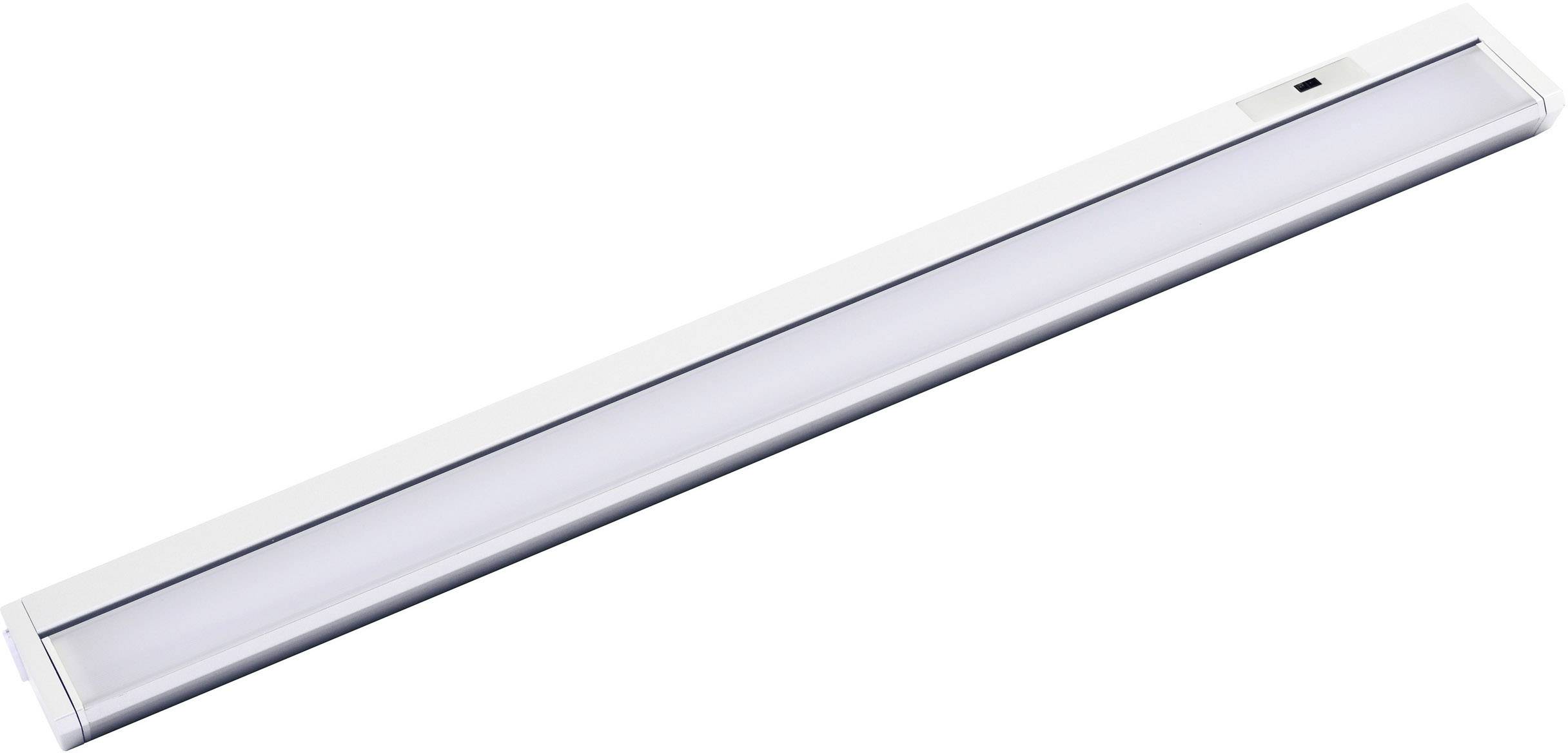 Un bandeau lumineux LED rectangulaire en blanc avec interrupteur. Idéal pour un éclairage indirect ou comme éclairage sous-meuble dans les cuisines.