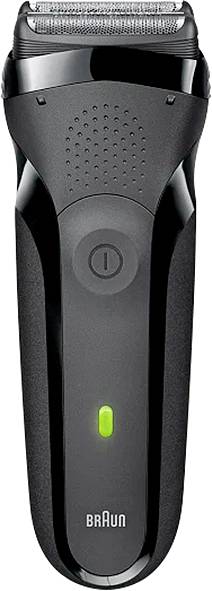 Rasoir électrique au design noir et argenté, avec un indicateur lumineux LED vert sur l'avant. Adapté pour un rasage humide et sec.