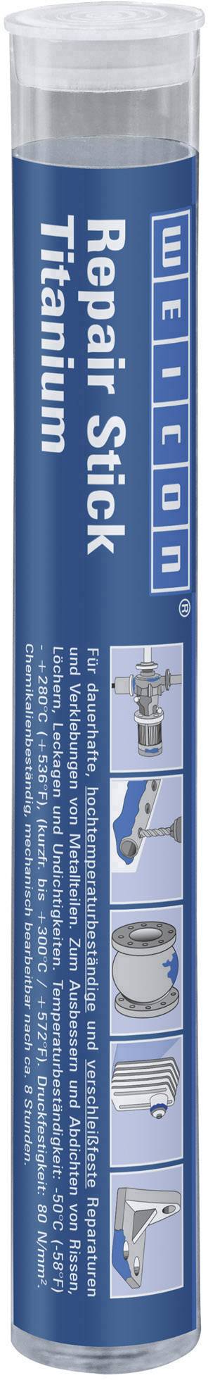 Stick de réparation WEICON Titan : Un produit cylindrique bleu et blanc pour la réparation des métaux. Présente les applications et les instructions d'utilisation.