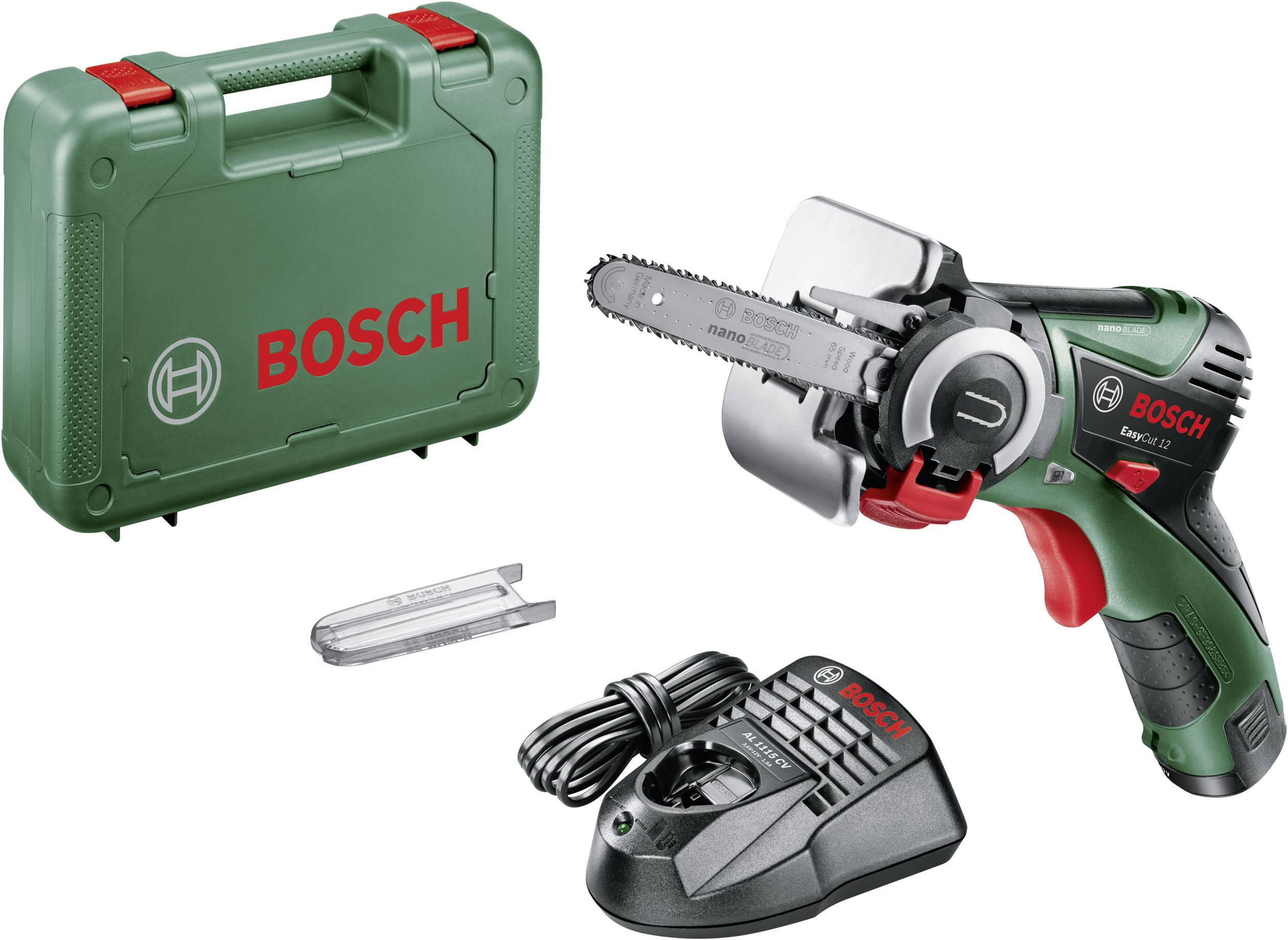 Scie à chaîne à batterie de Bosch avec mallette verte, chargeur et lame de scie de rechange. Idéale pour les travaux de bricolage.