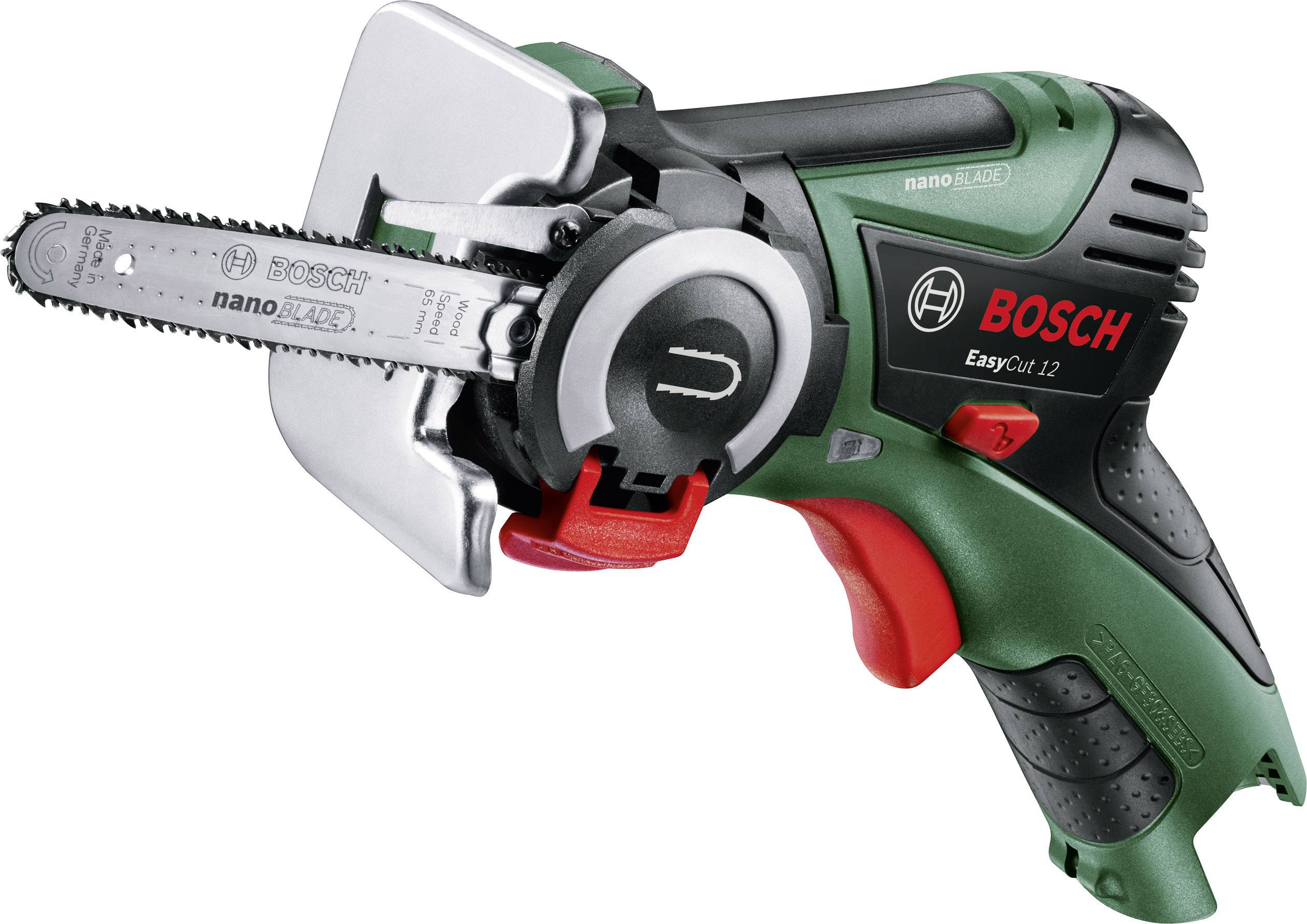 Une scie Bosch EasyCut 12 à batterie avec lame NanoBlade, boîtier vert et noir, adaptée pour des coupes de bois précises et sans vibrations.