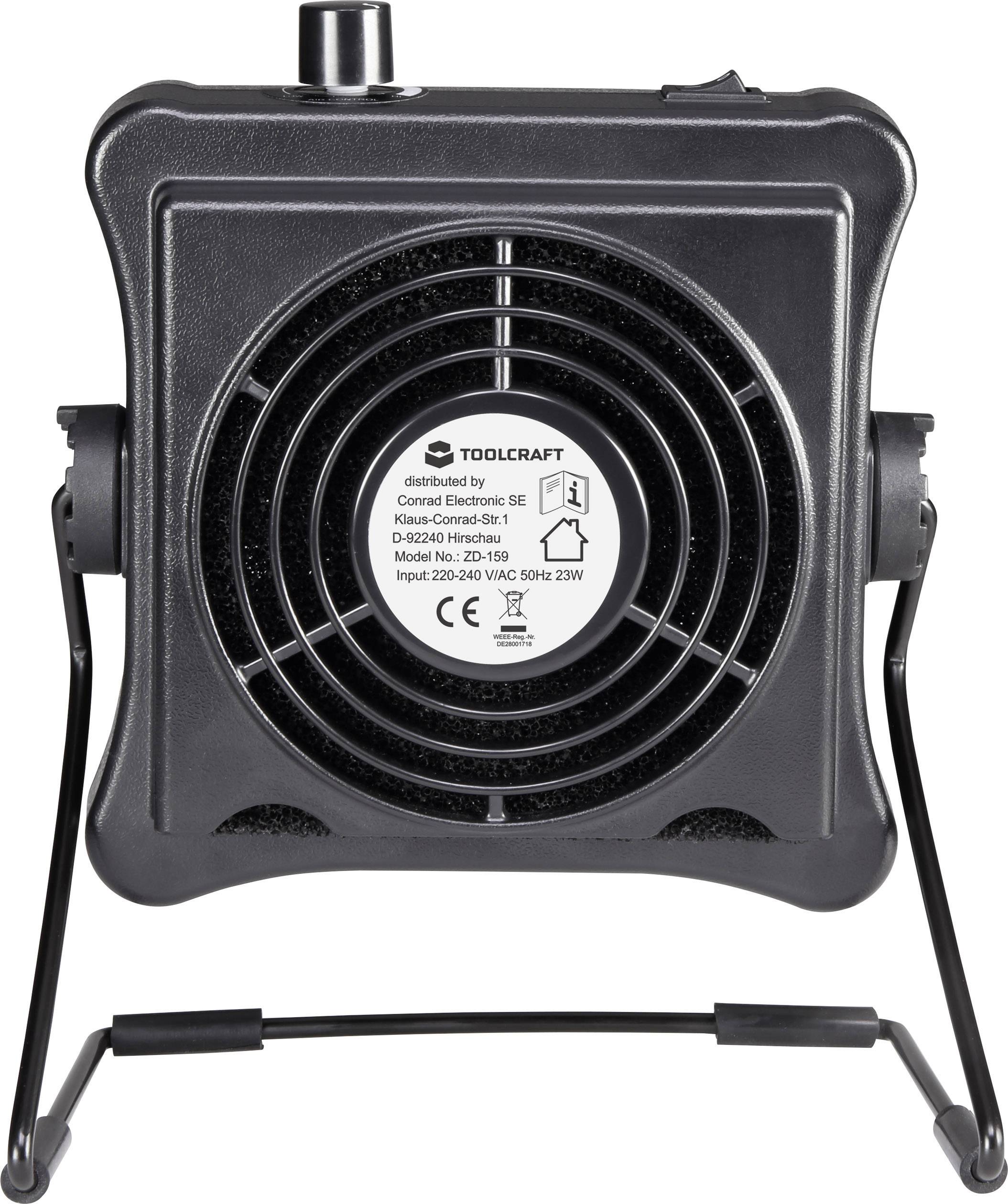 Ventilateur de table noir avec grille, inscription 'Toolcraft', ventilateur rond et commandes en haut.
