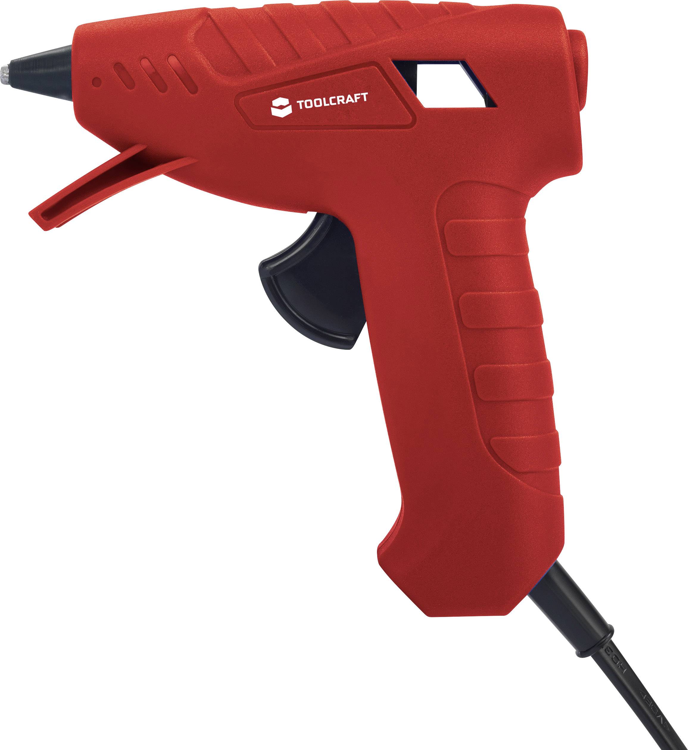 Pistolet à colle chaude rouge de la marque 'Toolcraft', doté d'une poignée ergonomique et d'un branchement par câble, sur un fond blanc.