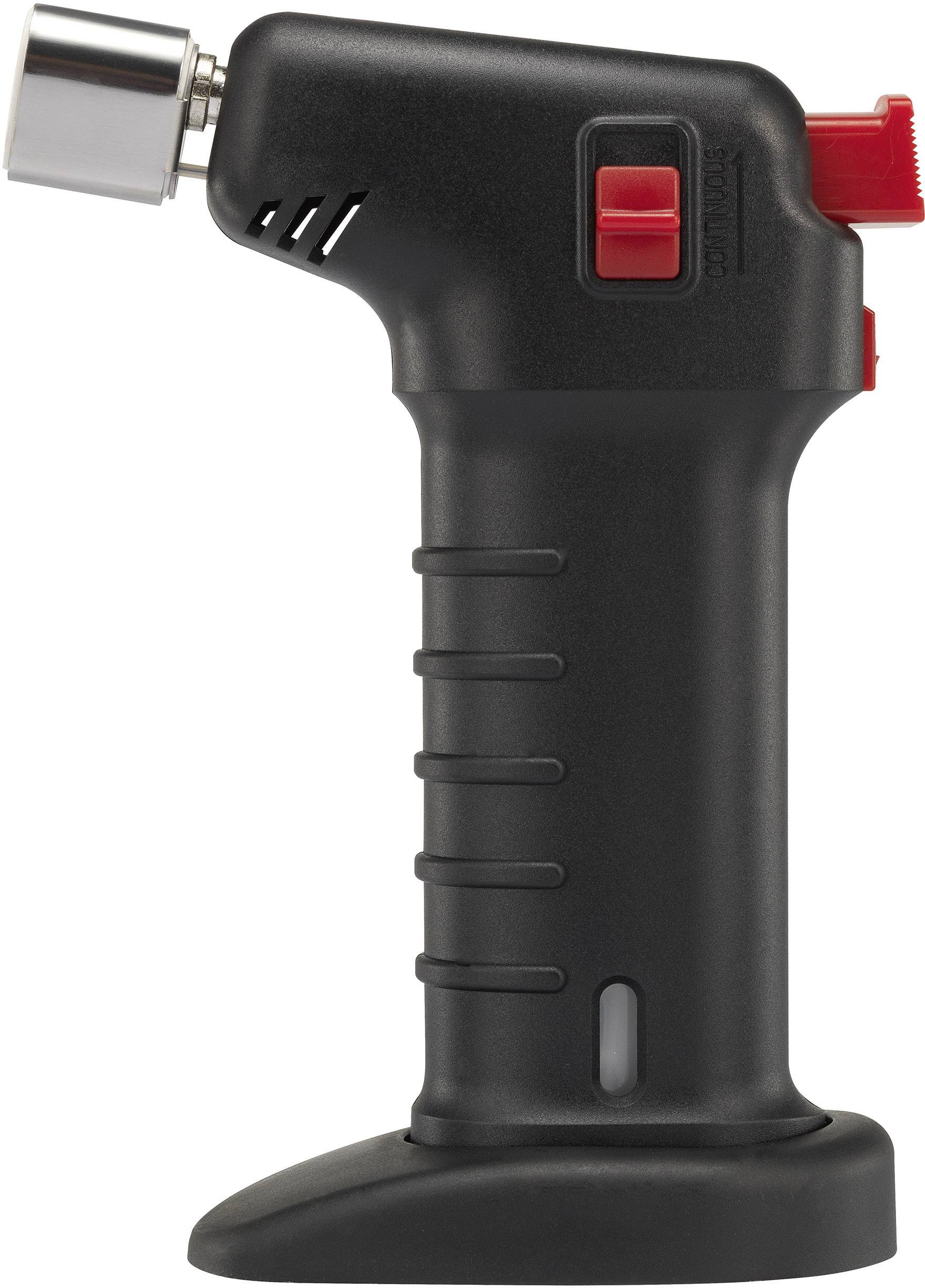 Un brûleur à gaz noir avec bouton d'allumage rouge et flamme réglable, adapté pour la cuisine ou l'artisanat.