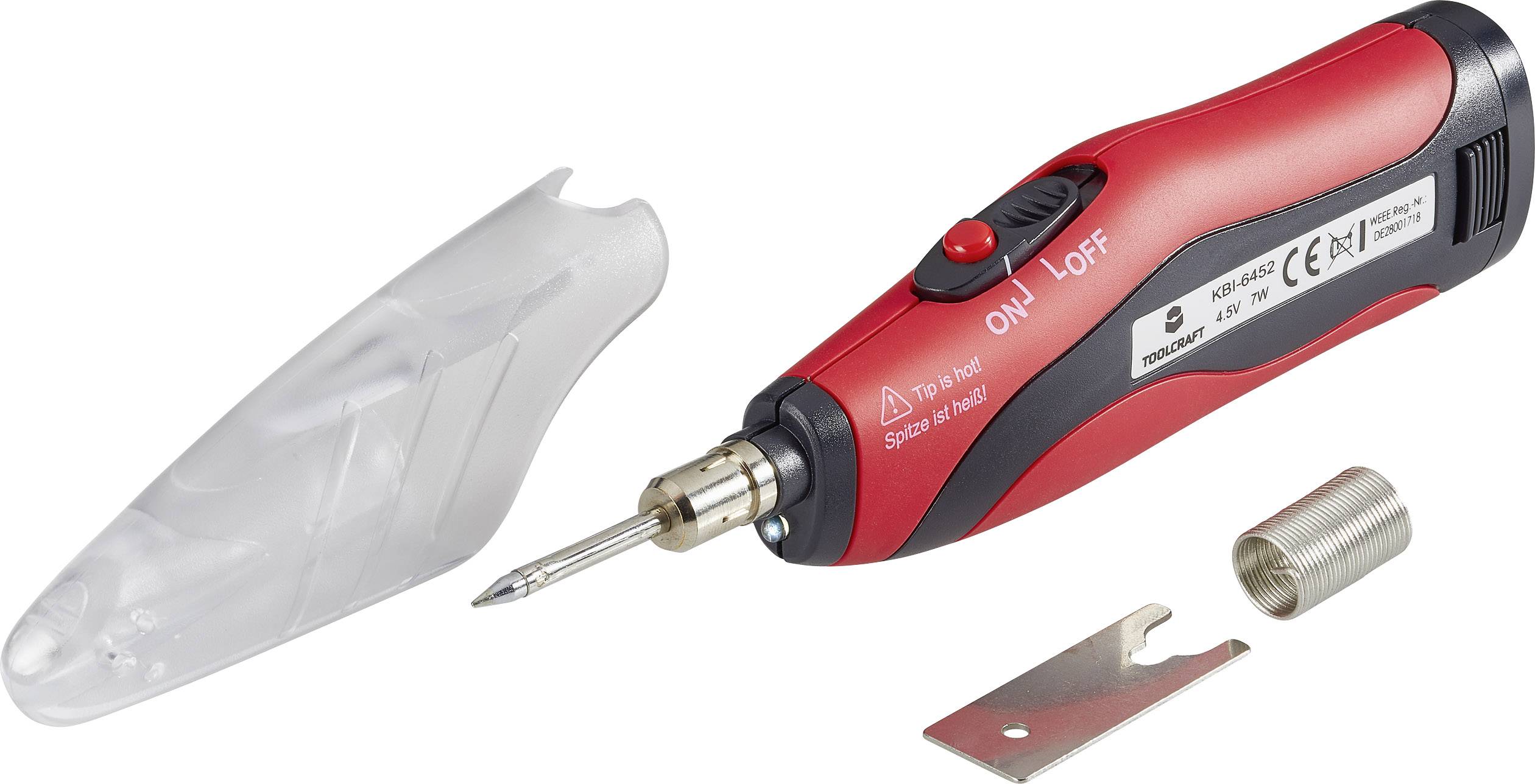 Un fer à souder au gaz rouge avec capuchon de protection amovible, interrupteur 'Marche' et 'Arrêt', et accessoires fournis.