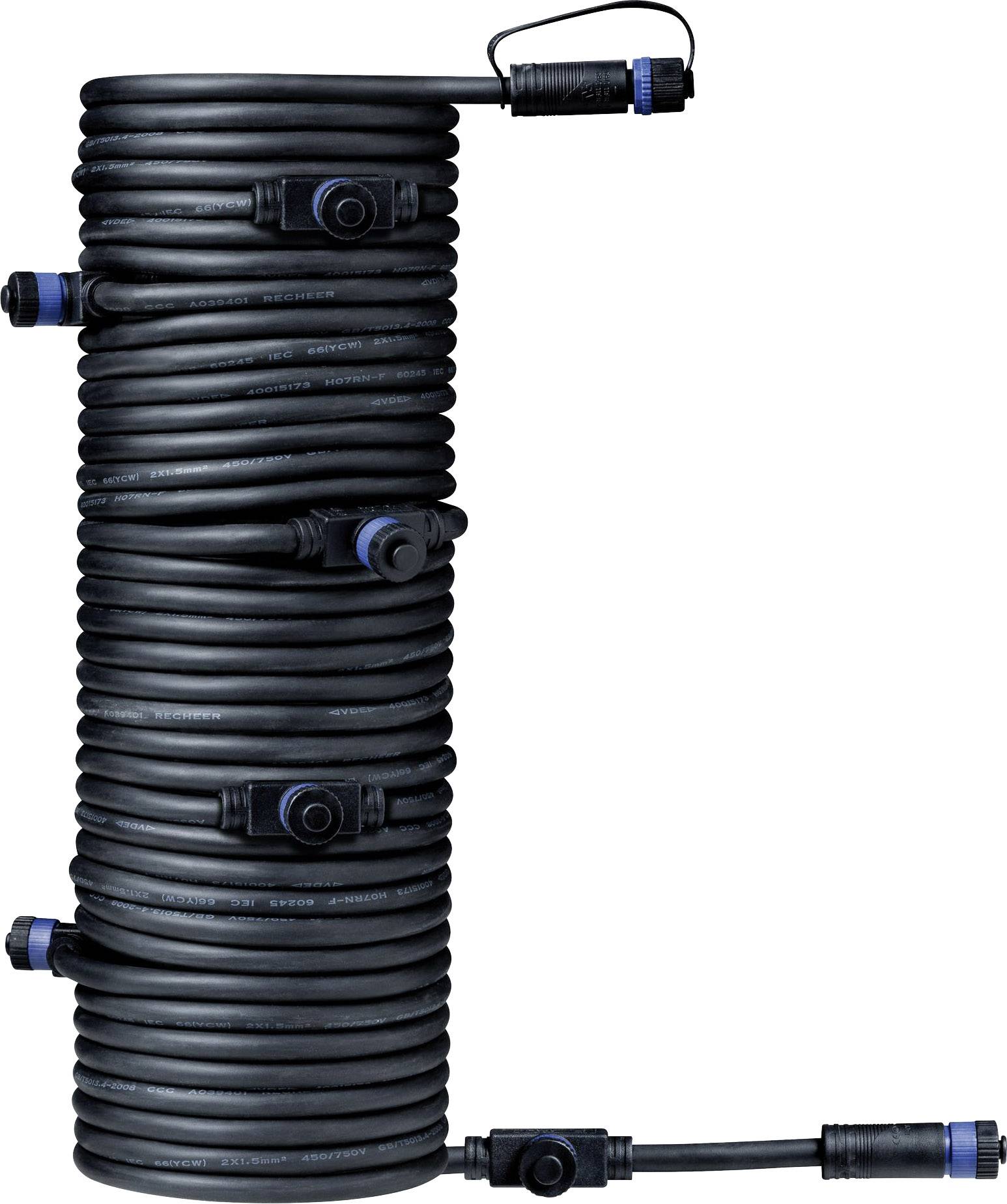 Un rouleau de câble noir enroulé avec plusieurs connexions le long de sa longueur. Il présente des connecteurs bleus et noirs.