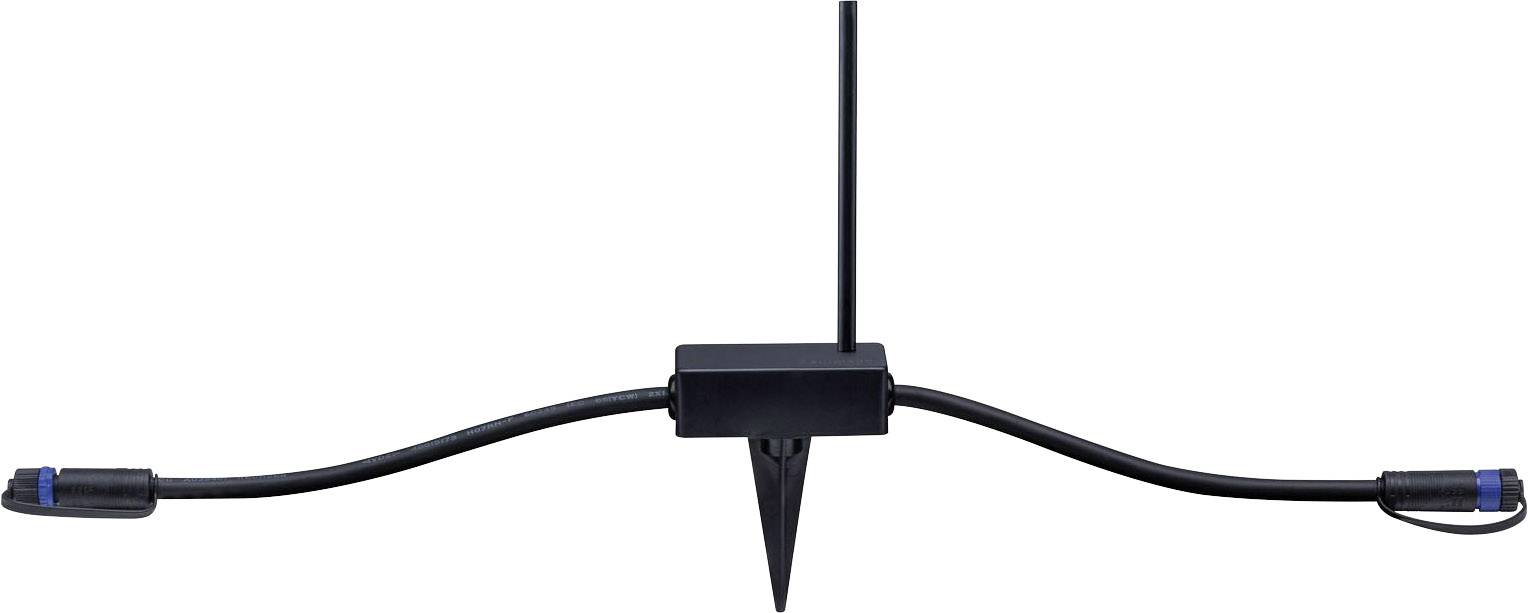 Un appareil électronique noir avec deux bras de câble et des connecteurs bleus à ses extrémités, représenté sur un fond blanc.