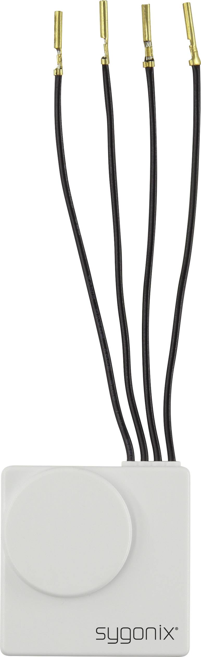 Un interrupteur blanc carré avec quatre câbles noirs en haut. Nom de marque 'sygonix' imprimé en bas à droite.