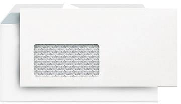 Une enveloppe blanche à fenêtre est posée sur une table. La fenêtre laisse apparaître l'impression de protection intérieure de l'enveloppe.