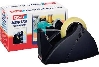 Un dévidoir de ruban adhésif noir avec un ruban jaune est représenté devant un carton portant l'inscription 'tesa Easy Cut Professional'.