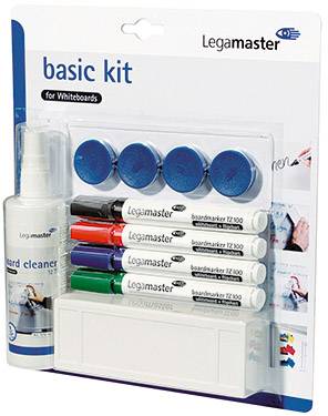 Kit de base Legamaster pour tableaux blancs avec quatre marqueurs, quatre aimants, un nettoyant en spray et un chiffon de nettoyage dans un emballage transparent.