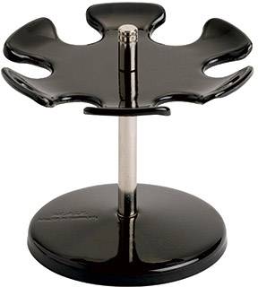 Porte-rasoir en métal noir avec six bras incurvés sur une base ronde. Conçu pour le rangement des accessoires de rasage.