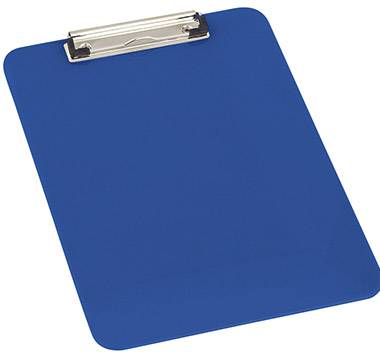 Un porte-bloc bleu avec une pince argentée en haut, utilisé pour maintenir des feuilles de papier.