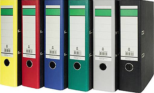 Six classeurs colorés, debout : jaune, rouge, bleu, vert, gris et noir. Tous ont des étiquettes blanches sur leur dos.